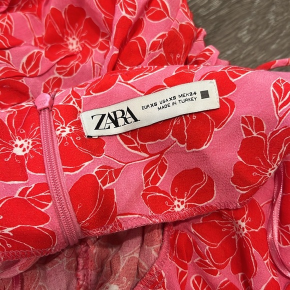 Zara Women's Pink Red Floral Twisted Bodice Mini Dress Spaghetti Strap XS - Picture 5 of 6